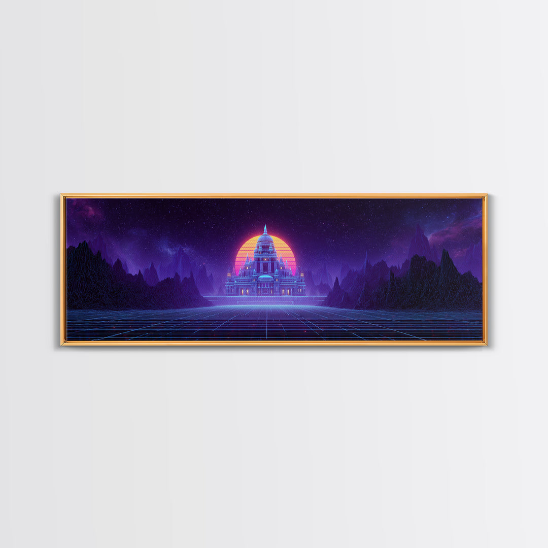 Neon Temple Beneath Cosmic Sunset Framed Canvas Print, Synthwave Wall Art, Futuristic Decor, Sci Fi Living Room Art, Home Decor