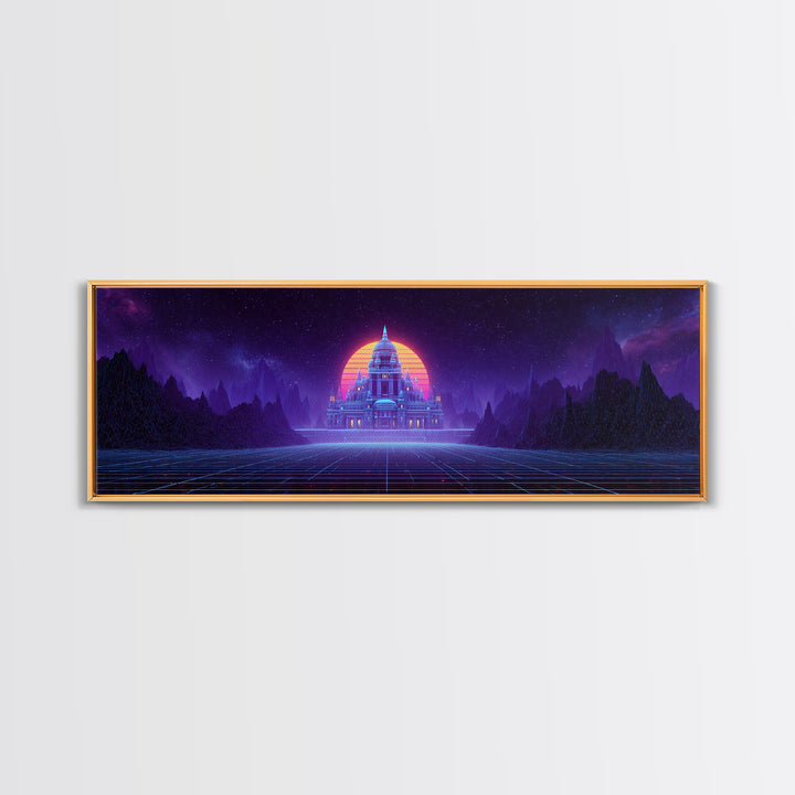Neon Temple Beneath Cosmic Sunset Framed Canvas Print, Synthwave Wall Art, Futuristic Decor, Sci Fi Living Room Art, Home Decor