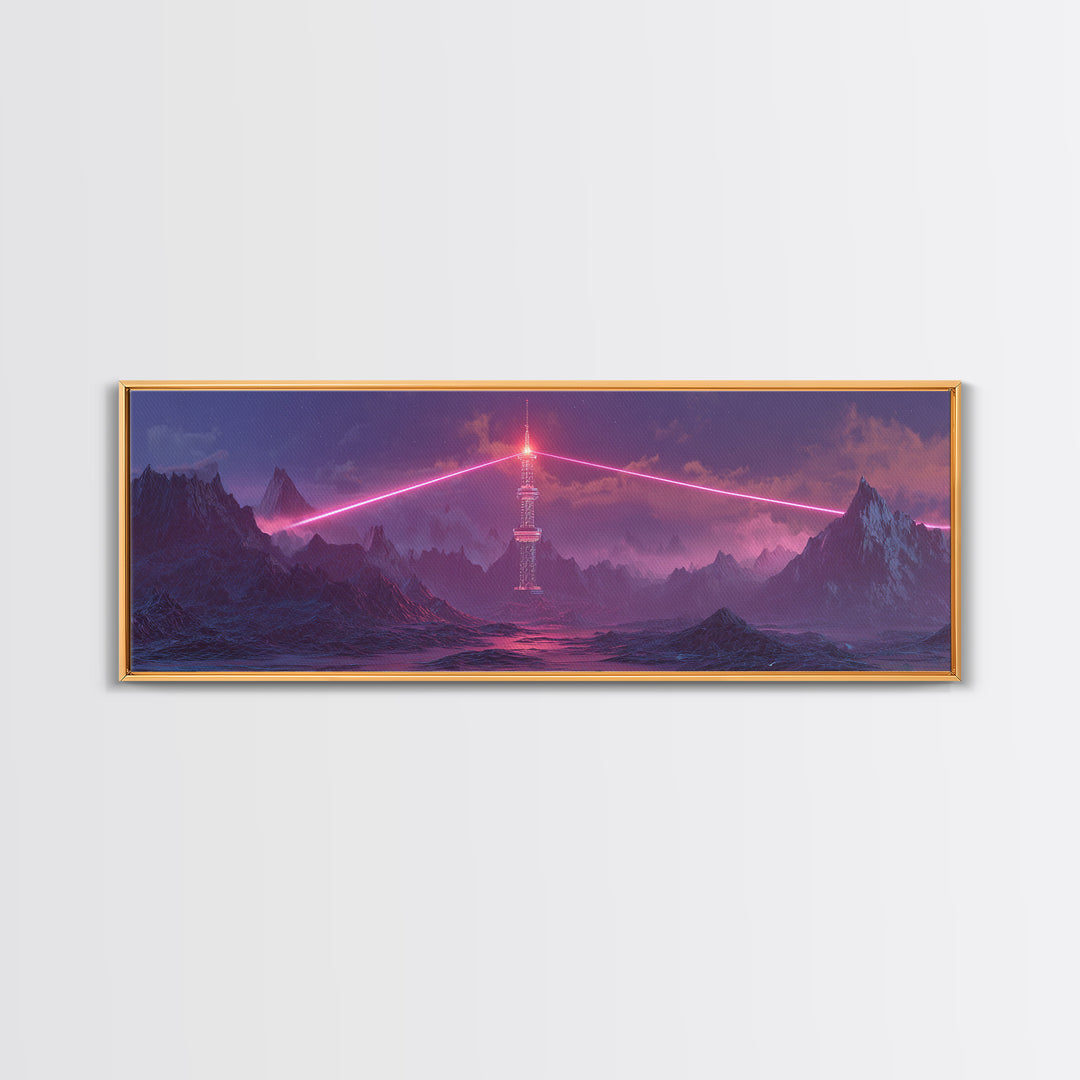 Cyberpunk Mountain Tower Canvas Print, Neon Sci Fi Wall Art, Futuristic Landscape Decor, Gaming Room Poster, Gift For Him
