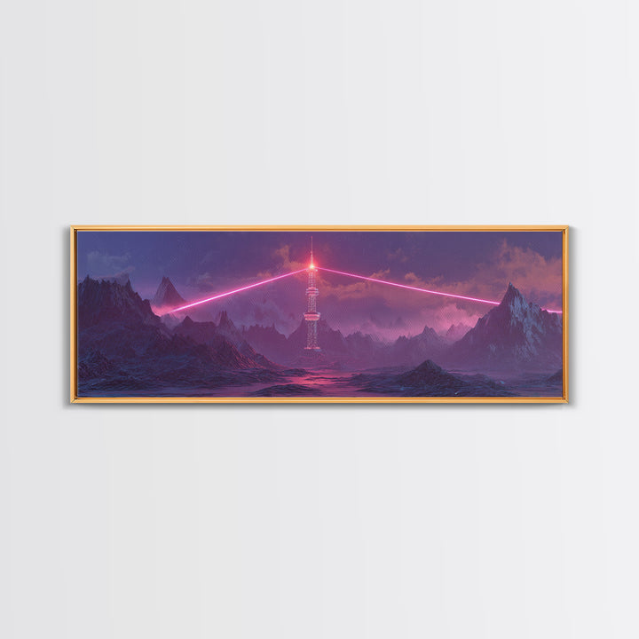 Cyberpunk Mountain Tower Canvas Print, Neon Sci Fi Wall Art, Futuristic Landscape Decor, Gaming Room Poster, Gift For Him