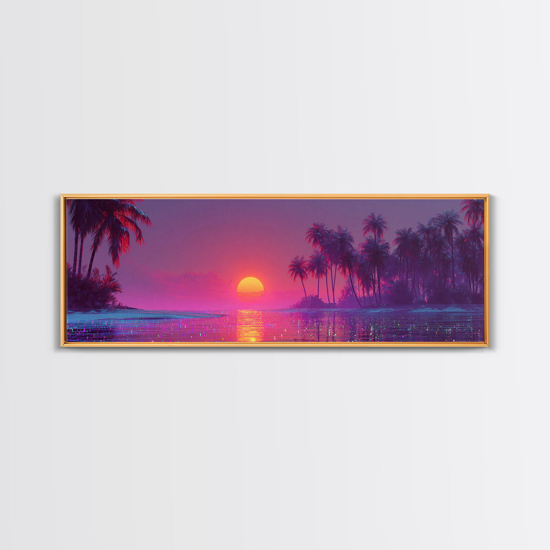 Pink Tropical Ocean Sunset Canvas Print, Palm Island Wall Art, Coastal Beach Decor, Large Vibrant Seascape Wall Art Print