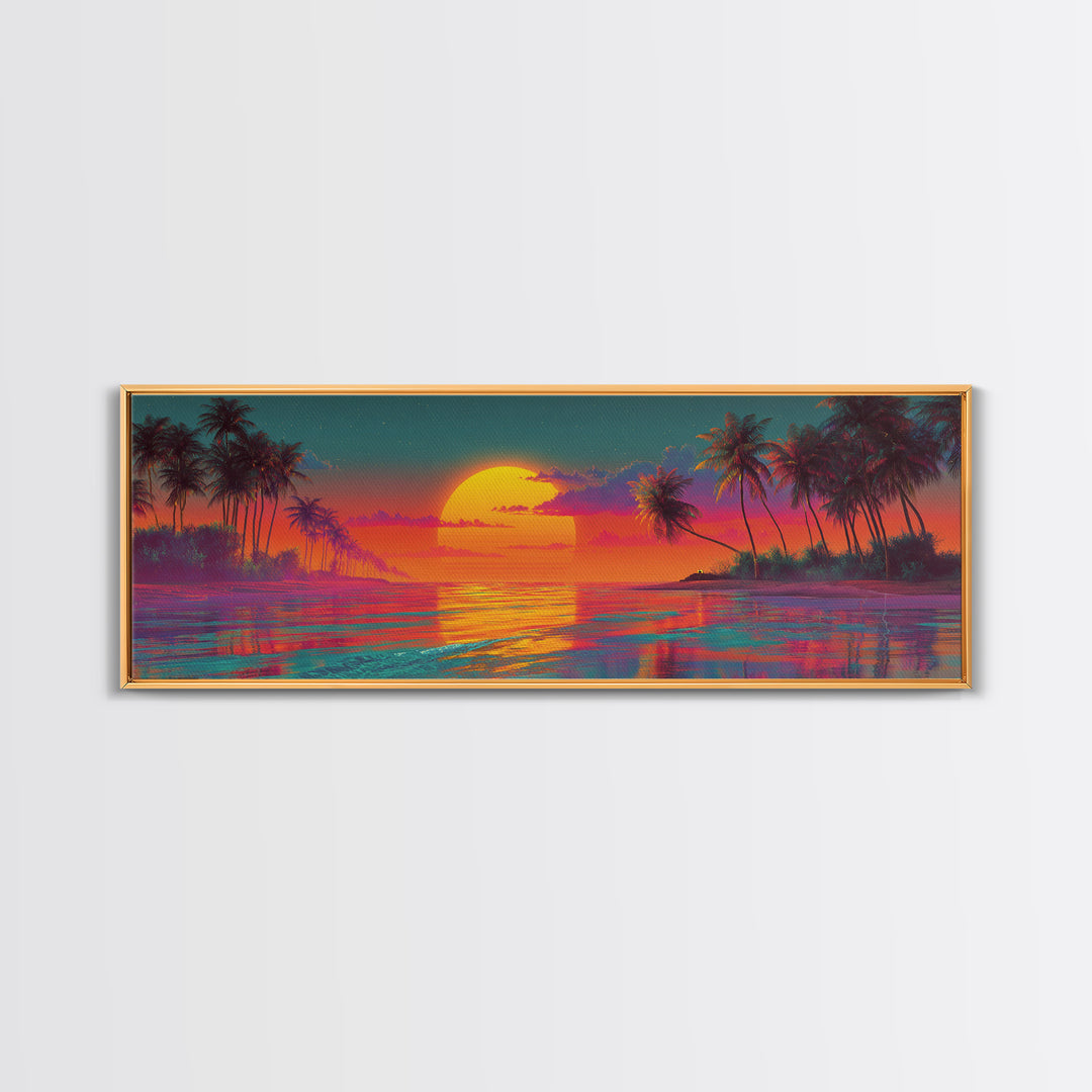 Vibrant Tropical Sunset Lagoon Wall Art, Extra Wide Panoramic Canvas Print, Beach House Decor, Coastal Living Room Wall Decor