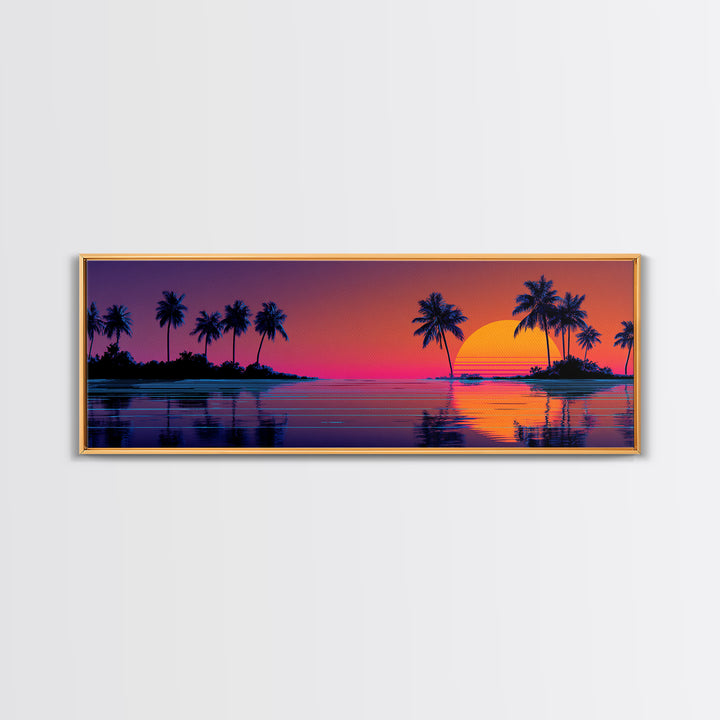 Tropical Island Sunset With Palm Trees Canvas Print, Retro Coastal Wall Art, Beach House Decor, Ocean Print For Living Room