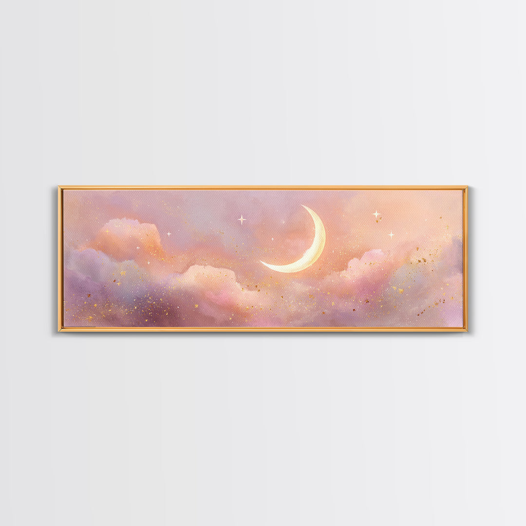 Peach Crescent Moon Over Pastel Clouds Framed Canvas Print, Celestial Wall Art, Soft Nursery Decor, Calming Bedroom Art Print