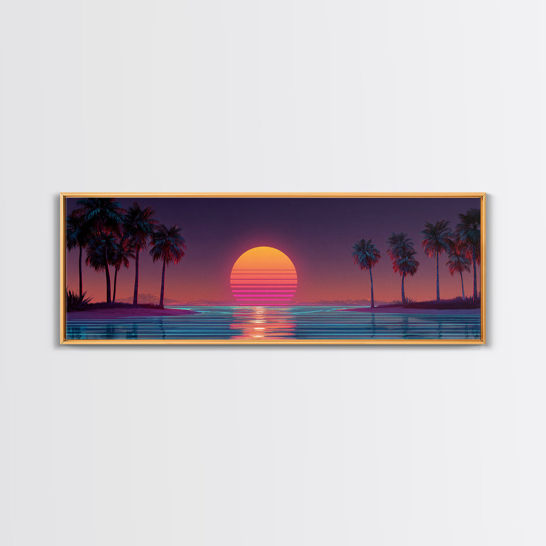 Retro Tropical Palm Sunset Wall Art, Vaporwave Beach Canvas Print, Neon Coastal Decor, 80s Aesthetic Room Decor, Gift For Him