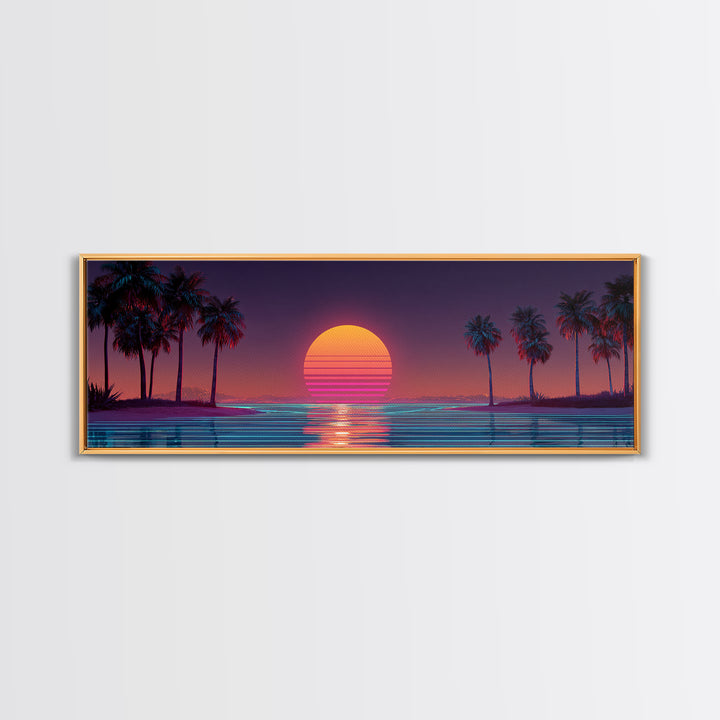 Retro Tropical Palm Sunset Wall Art, Vaporwave Beach Canvas Print, Neon Coastal Decor, 80s Aesthetic Room Decor, Gift For Him