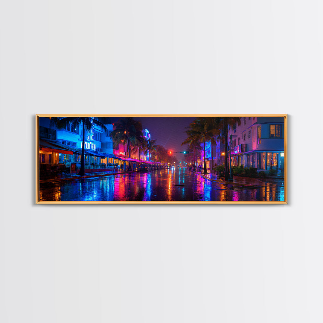 Rainy Neon Miami Street At Night Canvas Print, Cyberpunk City Wall Art, Urban Photography Decor For Modern Home Office Wall Decor