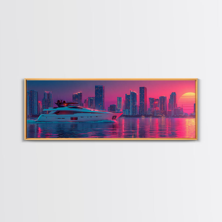 Neon Yacht And Miami Skyline Framed Canvas Print, Cyberpunk Coastal Wall Art, Vaporwave City Decor, Luxury Beach Poster Print