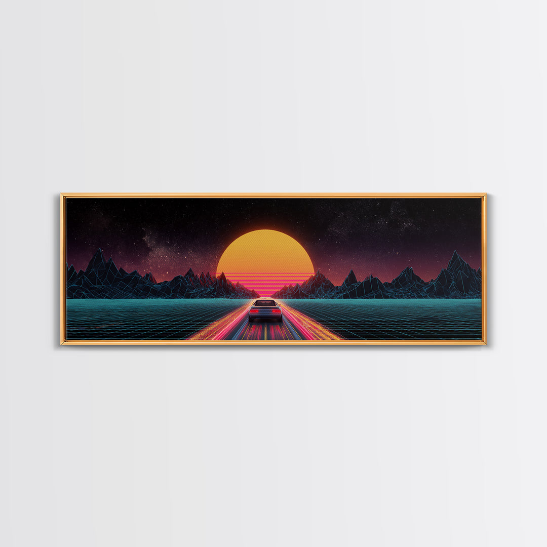 Retro Synthwave Car At Neon Sunset Canvas Print, Futuristic Wall Art, 80s Vaporwave Decor, Gaming Room, Gift For Him, Modern Home Decor