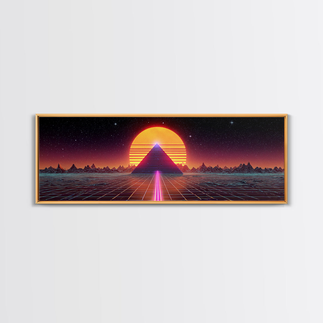 Neon Pyramid Sunset Grid Canvas Print, Retro Futuristic Wall Art, Synthwave Decor, Gaming Room Decor, Large Statement Artwork