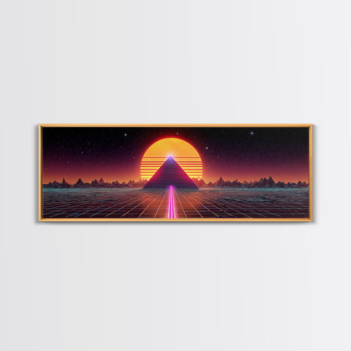 Neon Pyramid Sunset Grid Canvas Print, Retro Futuristic Wall Art, Synthwave Decor, Gaming Room Decor, Large Statement Artwork