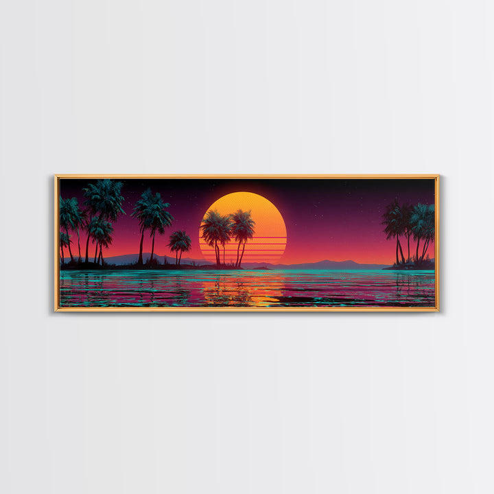 Neon Tropical Sunset Palms Over Ocean Canvas Print, Retro Futuristic Wall Art, Synthwave Beach Decor For Modern Living Room