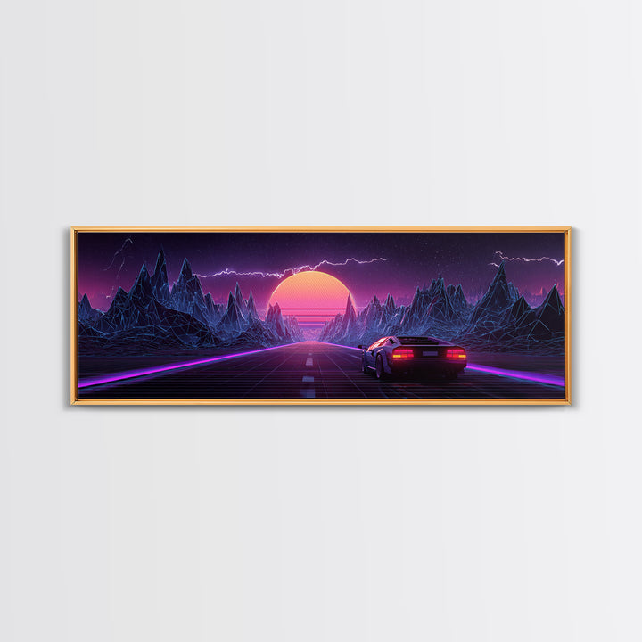 Synthwave Mountain Highway Canvas Print, Retro Futuristic Car Wall Art, Neon Gaming Room Decor, Vaporwave Poster, Cyberpunk Gift For Him