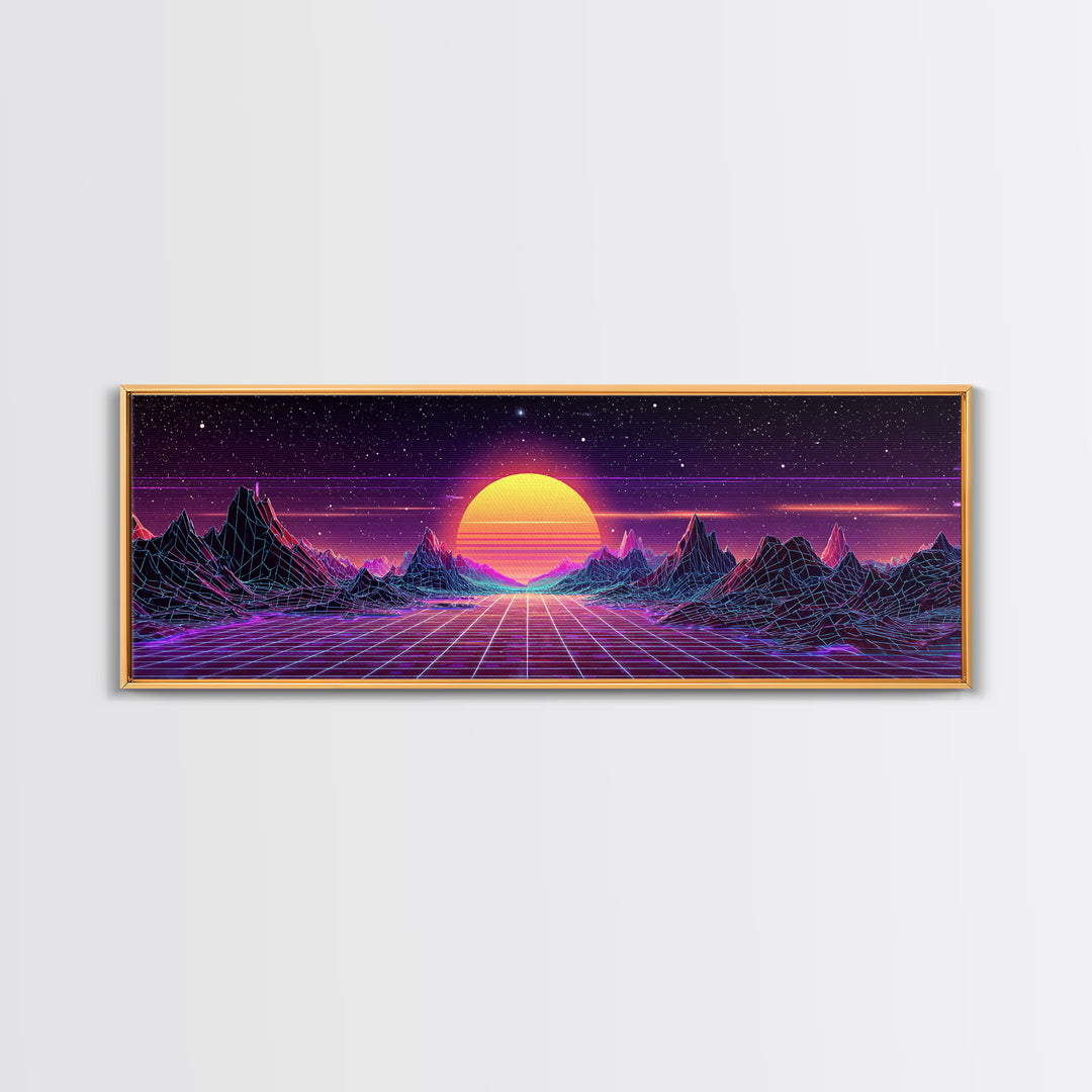 Retro Futuristic Mountain Grid Sunset Canvas Print, Synthwave Wall Art, Neon Vaporwave Decor For Game Room Or Dorm Room Decor