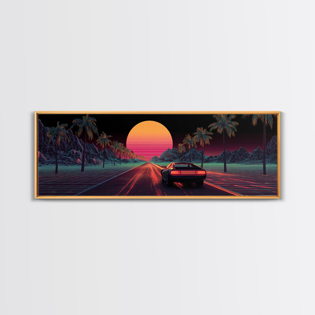 Retro Synthwave Car On Neon Palm Road Wall Art, 80s Vaporwave Canvas Print, Futuristic Cityscape Home Decor Poster For Living Room