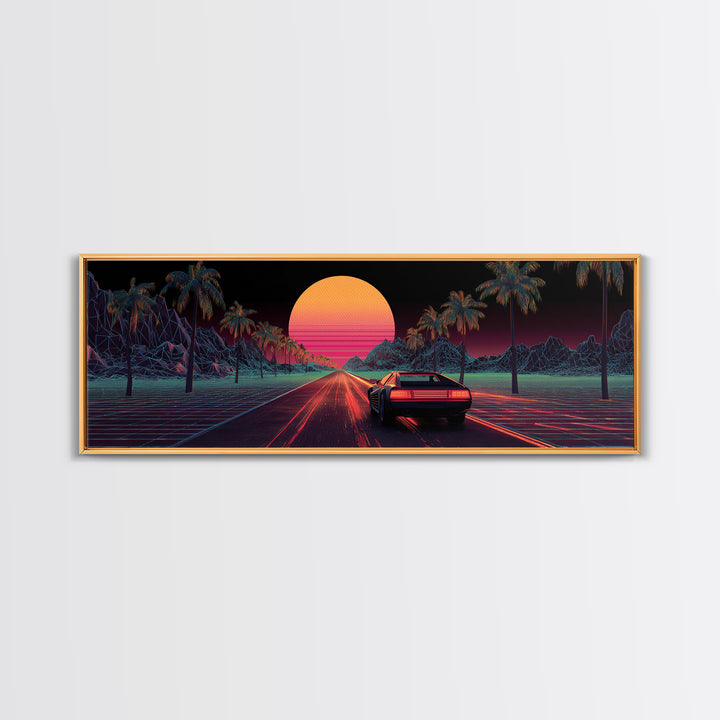 Retro Synthwave Car On Neon Palm Road Wall Art, 80s Vaporwave Canvas Print, Futuristic Cityscape Home Decor Poster For Living Room