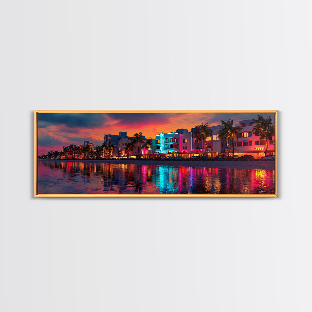 Vibrant Neon Miami Waterfront At Sunset Canvas Print, Tropical Palm City Wall Art, Coastal Home Decor, Art Deco Travel Poster Gift