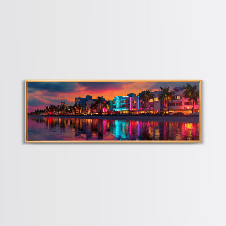 Vibrant Neon Miami Waterfront At Sunset Canvas Print, Tropical Palm City Wall Art, Coastal Home Decor, Art Deco Travel Poster Gift