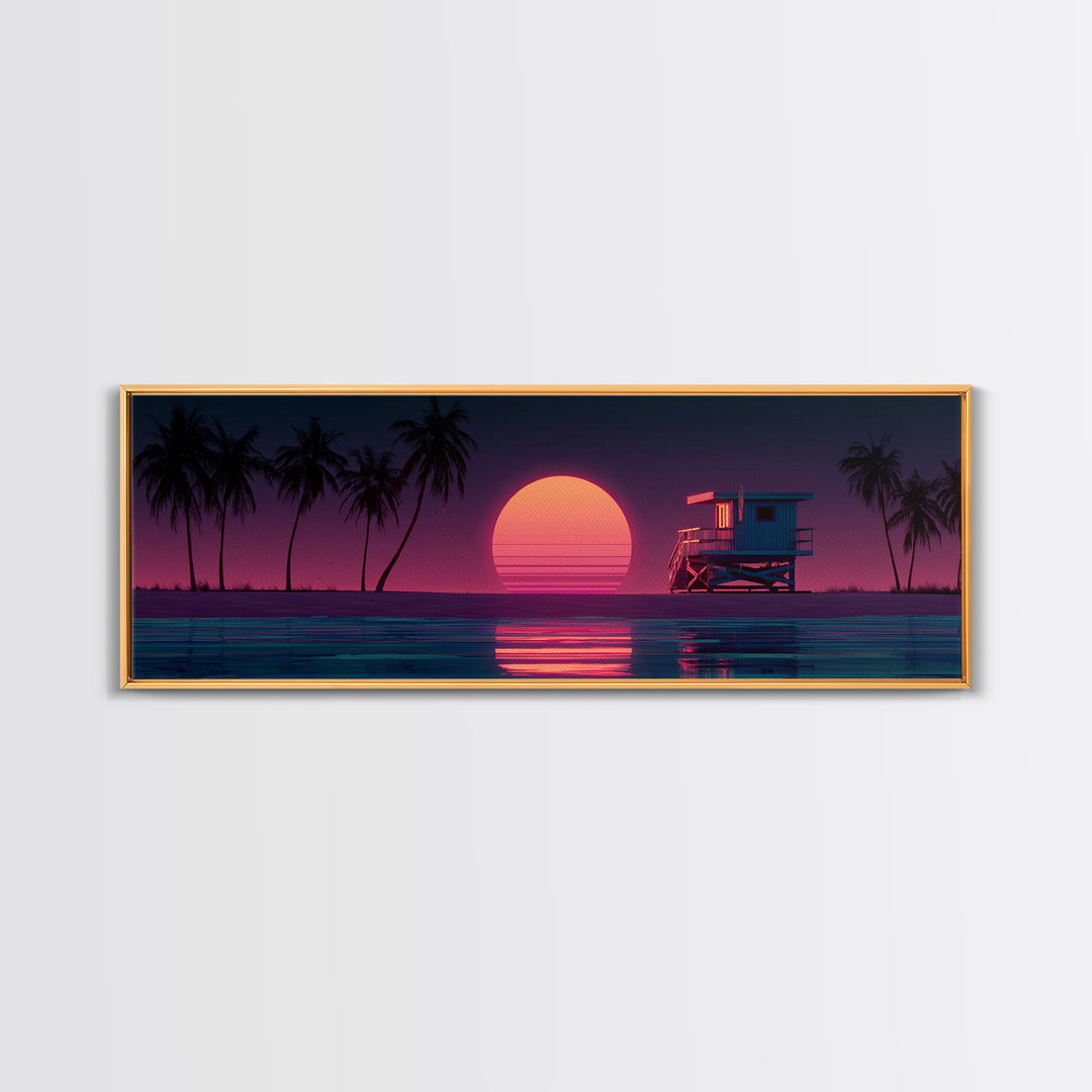 Retro Lifeguard Tower At Pink Sunset Framed Canvas Print, Coastal Beach Wall Art, Palm Tree Ocean Decor For Bedroom Or Living Room