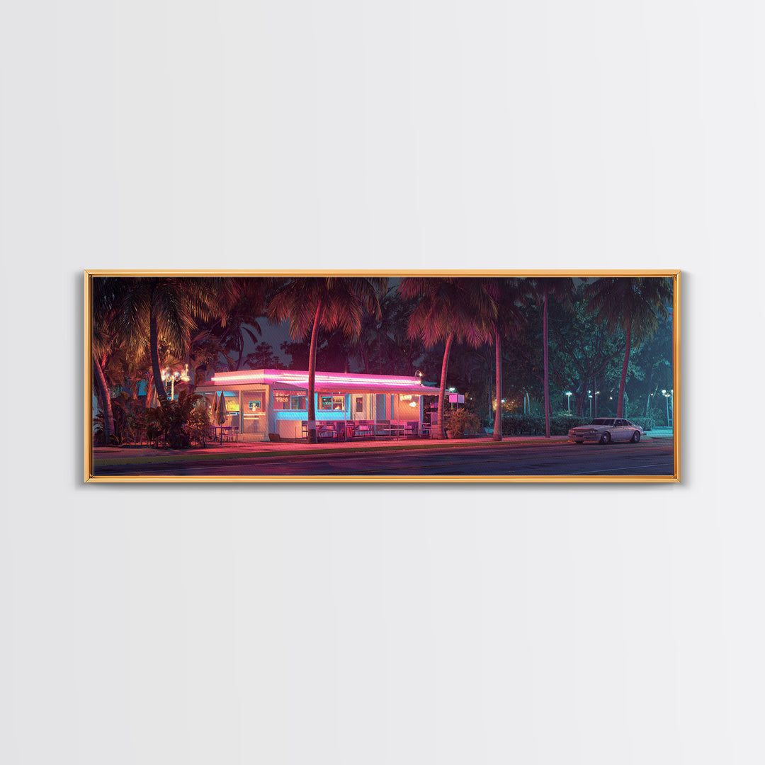 Neon Retro Diner At Night Framed Canvas Print, Cyberpunk Wall Art For Kitchen Bar Decor, Miami Vaporwave Home Decor Poster