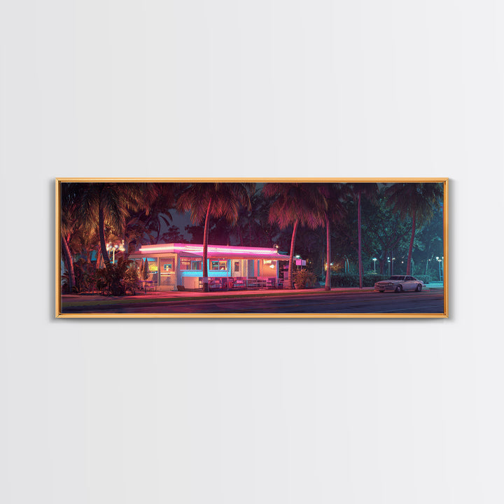 Neon Retro Diner At Night Framed Canvas Print, Cyberpunk Wall Art For Kitchen Bar Decor, Miami Vaporwave Home Decor Poster