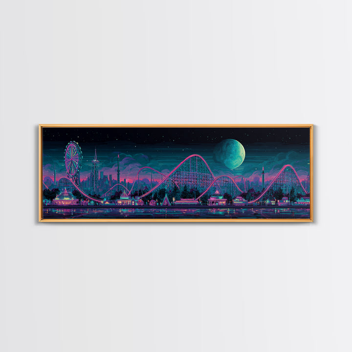 Neon Roller Coaster Park Canvas Print, Retro Futuristic Skyline With Moon, Modern Cyberpunk Neon City Game Room Wall Art Decor
