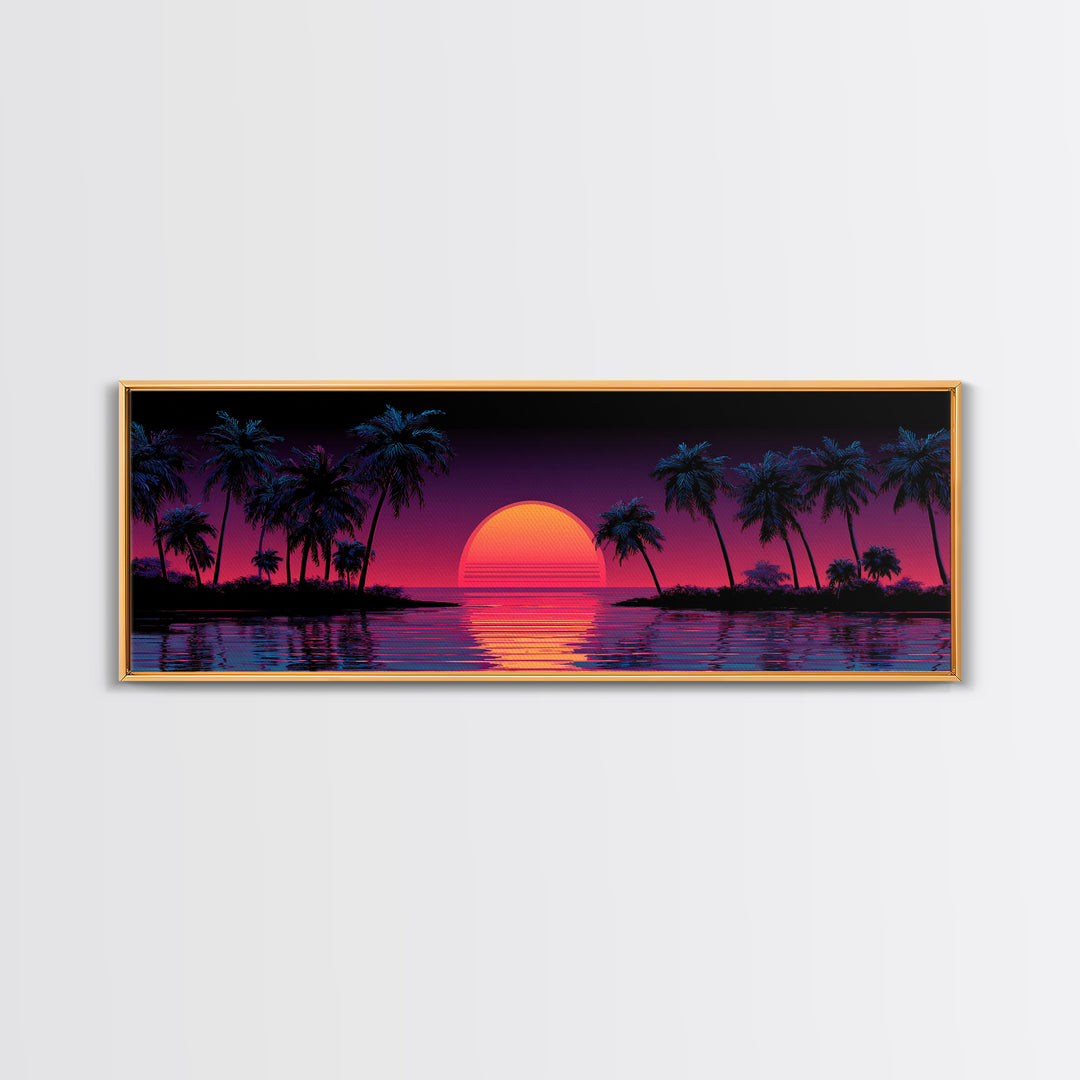 Neon Tropical Sunset Canvas Print, Retro Palm Tree Wall Art, Vaporwave Beach Decor, Coastal Summer Living Room Art, Large Poster