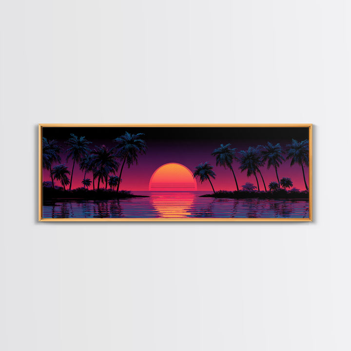 Neon Tropical Sunset Canvas Print, Retro Palm Tree Wall Art, Vaporwave Beach Decor, Coastal Summer Living Room Art, Large Poster