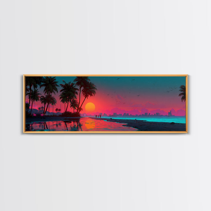 Neon Tropical City Beach Sunset Wall Art, Synthwave Ocean Skyline, Retro Futuristic Large Horizontal Coastal Living Room Decor