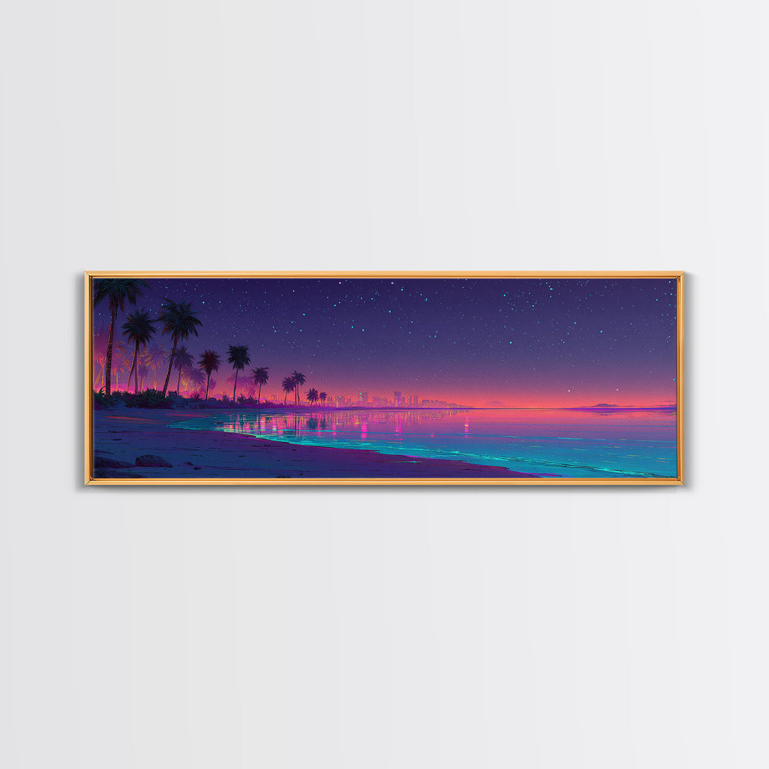 Neon Tropical Beach Skyline Under Stars, Coastal Canvas Print, Cityscape Wall Art, Beach House Decor, Modern Home Decor Print