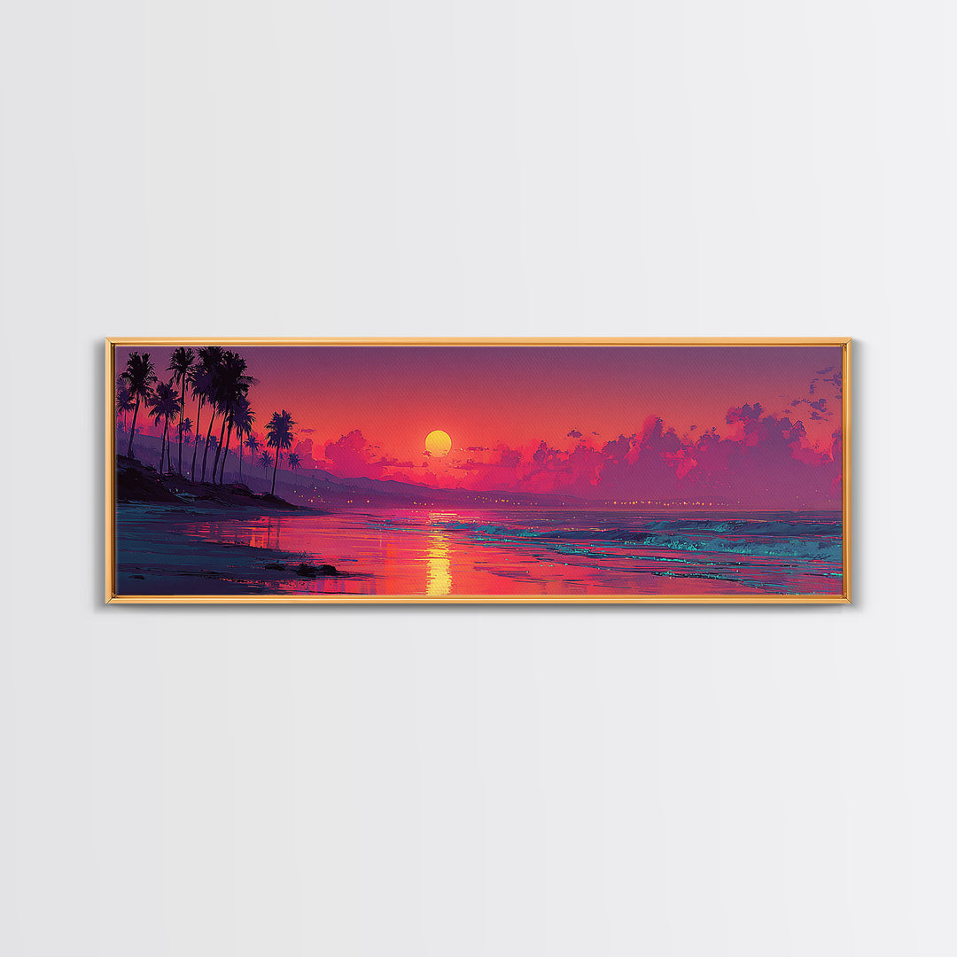 Magenta Tropical Beach Sunset Wall Art, Coastal Seascape Canvas Print, Palm Tree Decor, Summer Vibes, Living Room Poster