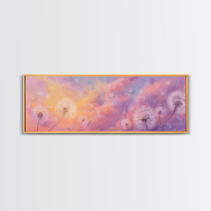 Pastel Dandelion Wishes Wall Art, Dreamy Wildflower Sky Print, Soft Floral Nursery Decor, Whimsical Bedroom Canvas Art, Gift For Her