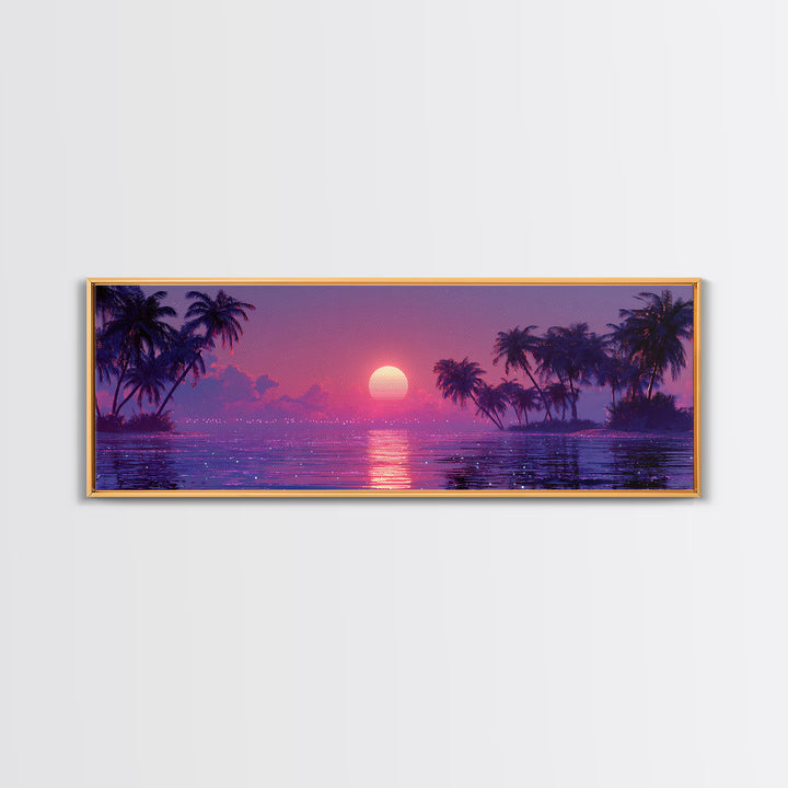Retro Tropical Sunset Lagoon With Palm Trees Canvas Print, Vaporwave Ocean Wall Art, Coastal Decor, Beach House Gift For Her