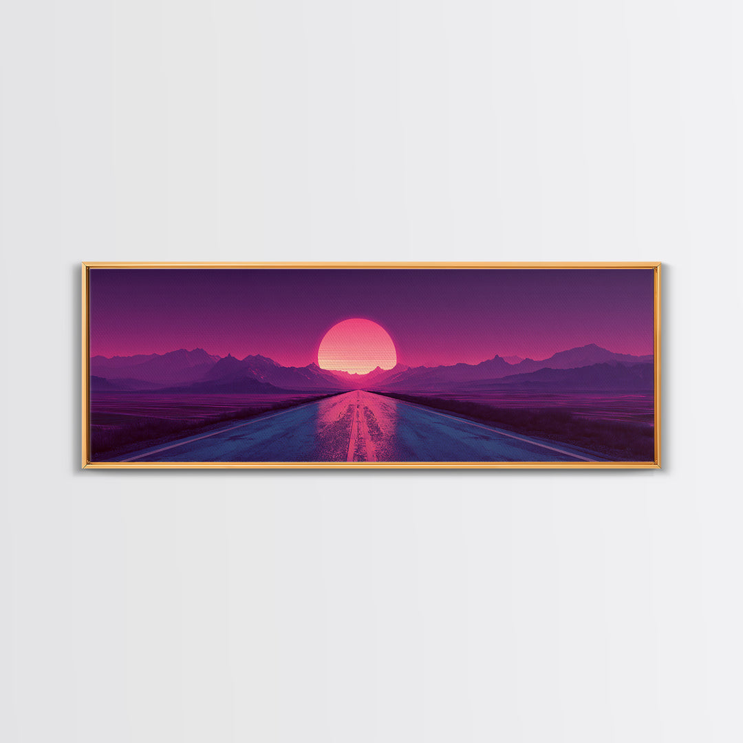 Magenta Desert Road Wall Art, Retro Futuristic Mountain Sunset Canvas Print, Synthwave Decor, Large Horizontal Wall Art Print