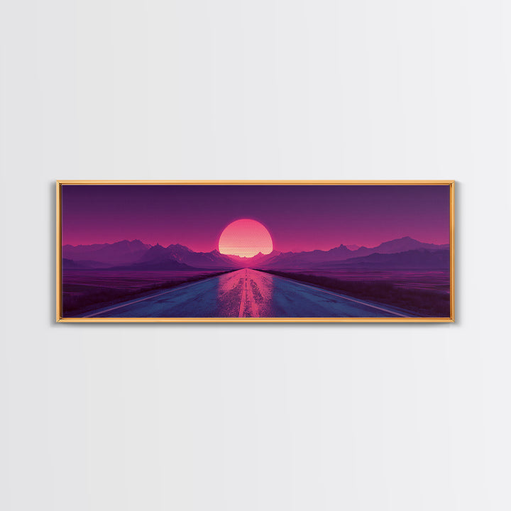 Magenta Desert Road Wall Art, Retro Futuristic Mountain Sunset Canvas Print, Synthwave Decor, Large Horizontal Wall Art Print