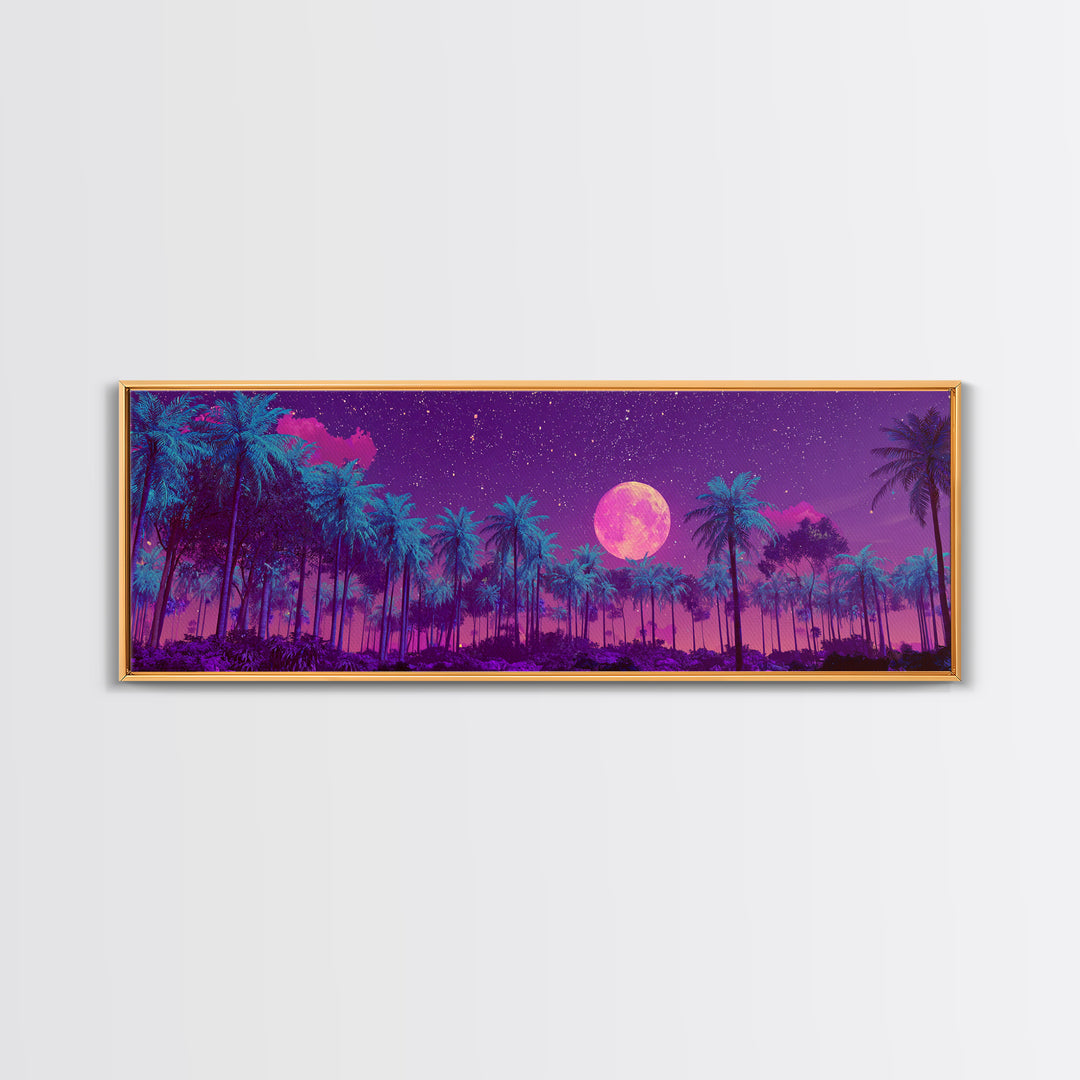 Magenta Moonlit Palm Forest Wall Art, Tropical Night Landscape, Celestial Decor, Purple Jungle, Boho Bedroom Wall Decor, Canvas Print