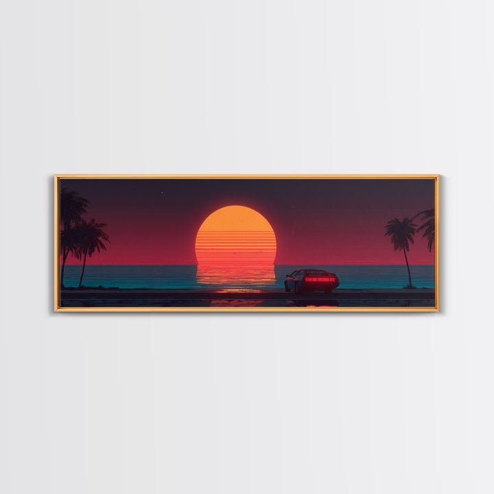 Retro Car At Neon Ocean Sunset Canvas Print, Synthwave Wall Art, Vaporwave Beach Decor, Masculine Office Art Gift For Him
