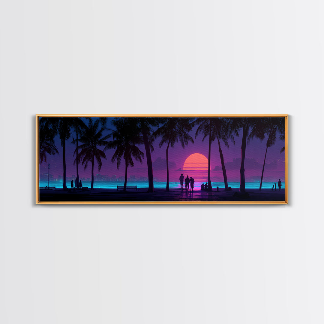 Retro Tropical Beach Sunset Canvas Print, Palm Tree Wall Art, Coastal Wall Decor, Purple Pink Modern Bedroom Wall Art Print