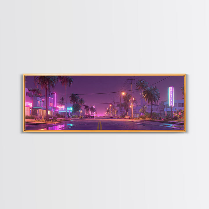 Neon Palm Street At Dusk Canvas Print, Retro Miami Cityscape, Cyberpunk Wall Art, Vaporwave Decor For Living Room Modern Home Decor
