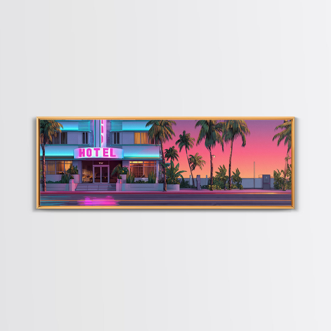 Neon Pink Hotel Facade Wall Art, Retro Miami Palm Canvas Print, Tropical Travel Poster Decor, Coastal Motel Room Print Home Decor Gift