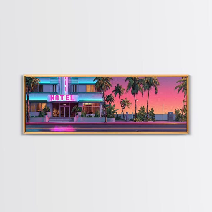 Neon Pink Hotel Facade Wall Art, Retro Miami Palm Canvas Print, Tropical Travel Poster Decor, Coastal Motel Room Print Home Decor Gift