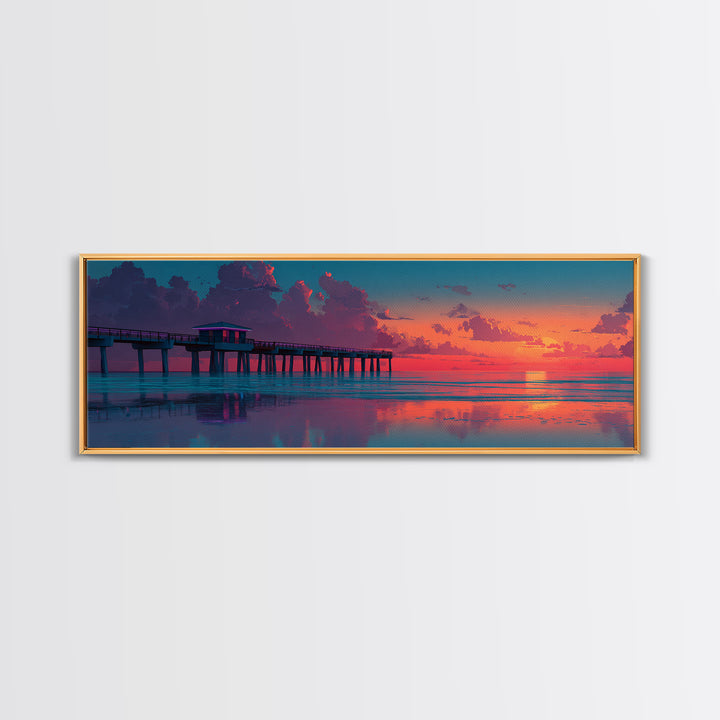 Sunset Pier Ocean Reflection Canvas Print, Coastal Wall Art, Beach House Decor, Seascape Painting, Nautical Living Room Art