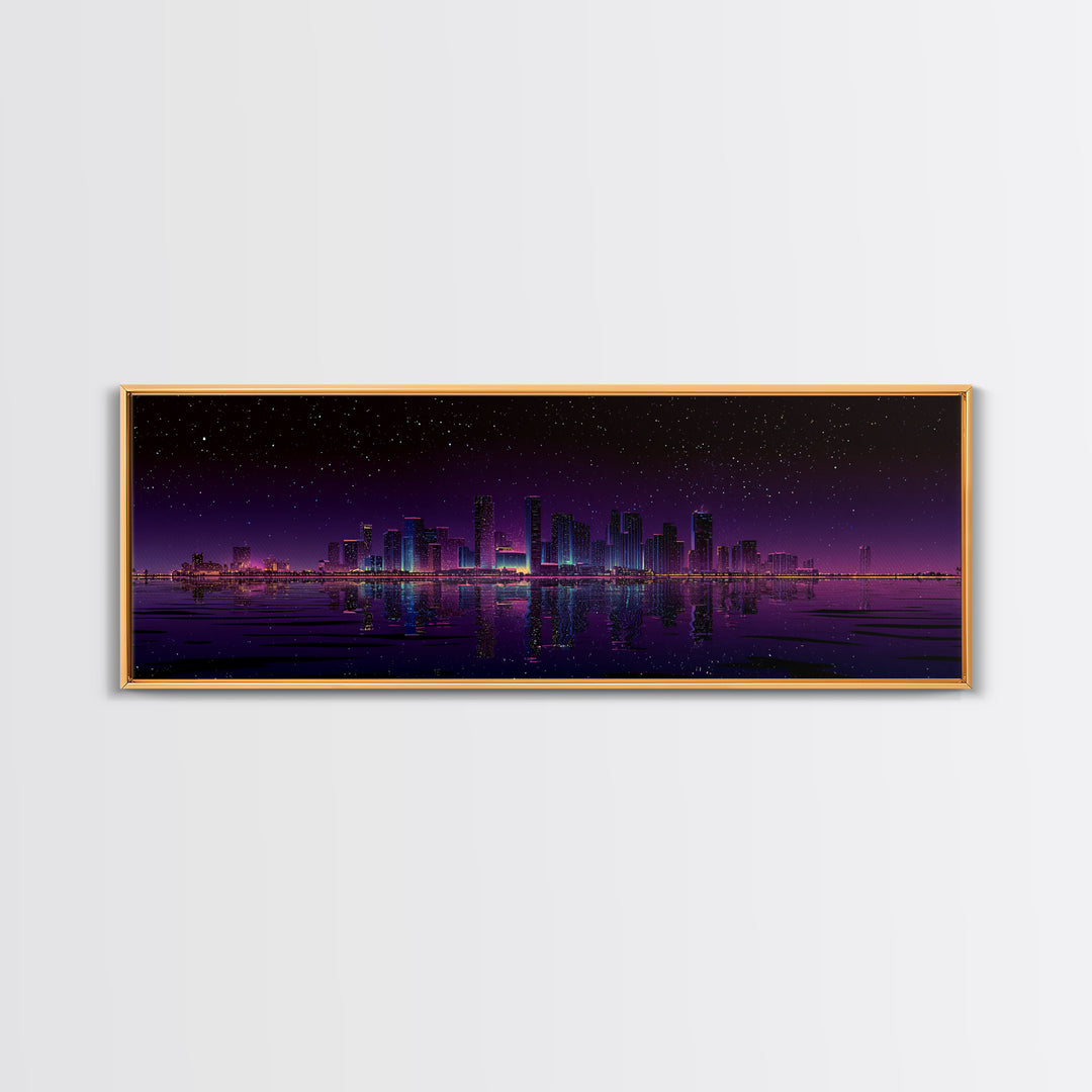 Starry Purple City Skyline Canvas Print, Panoramic Urban Night Wall Art, Modern Office Decor, Large Cityscape Poster Print