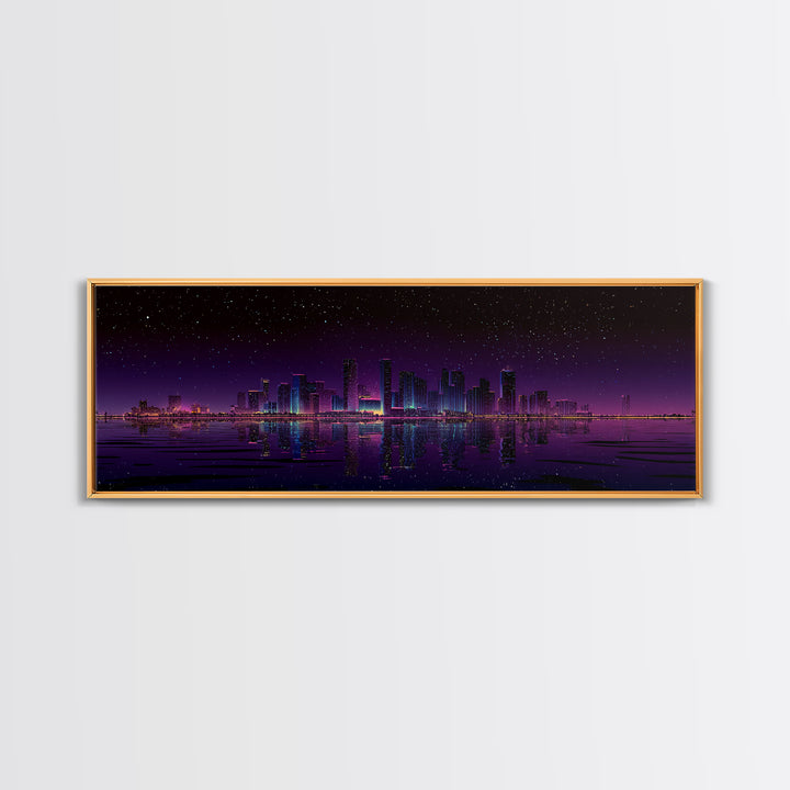 Starry Purple City Skyline Canvas Print, Panoramic Urban Night Wall Art, Modern Office Decor, Large Cityscape Poster Print