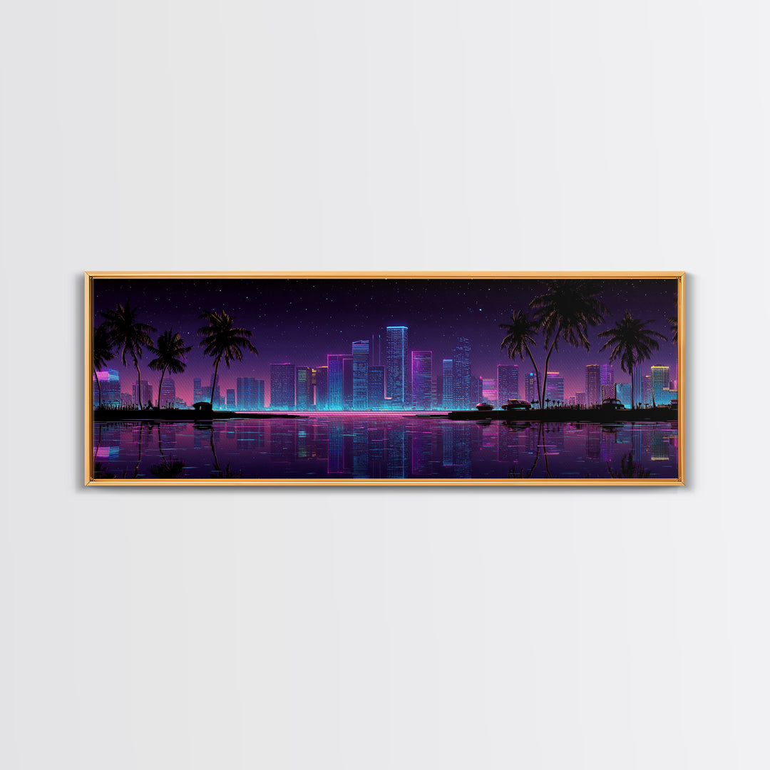 Neon Tropical City Skyline Canvas Print, Cyberpunk Wall Art With Palm Trees, Vaporwave Decor For Gaming Room And Apartment Decor