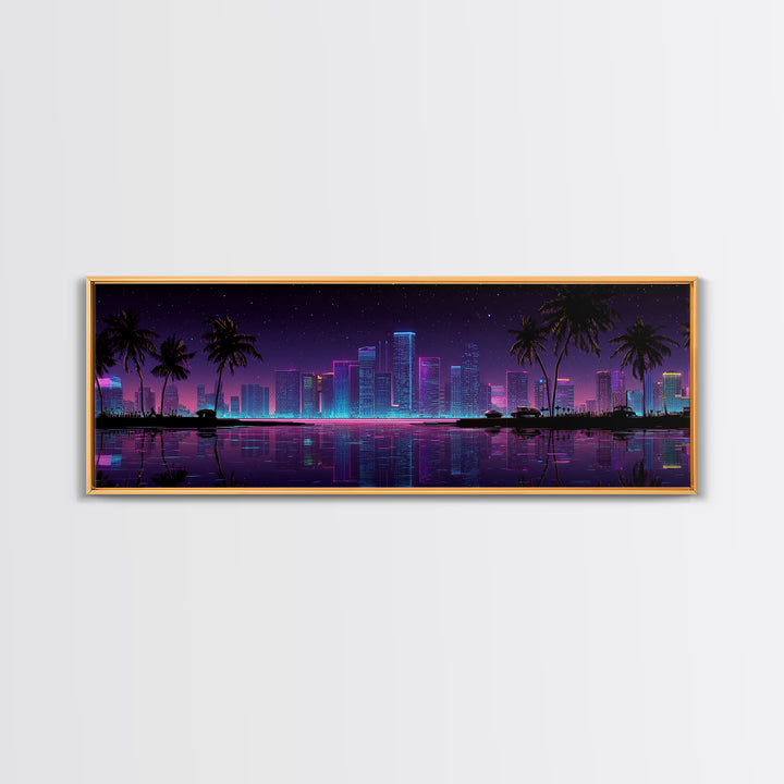 Neon Tropical City Skyline Canvas Print, Cyberpunk Wall Art With Palm Trees, Vaporwave Decor For Gaming Room And Apartment Decor