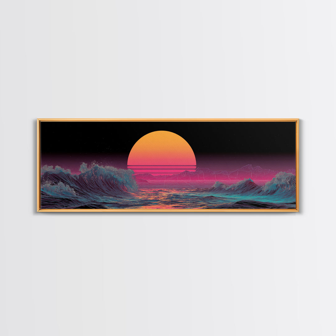 Retro Synthwave Ocean Sunset Wall Art, Neon Seascape Print, Vaporwave Coastal Decor, Futuristic Waves, Modern Gaming Room Art