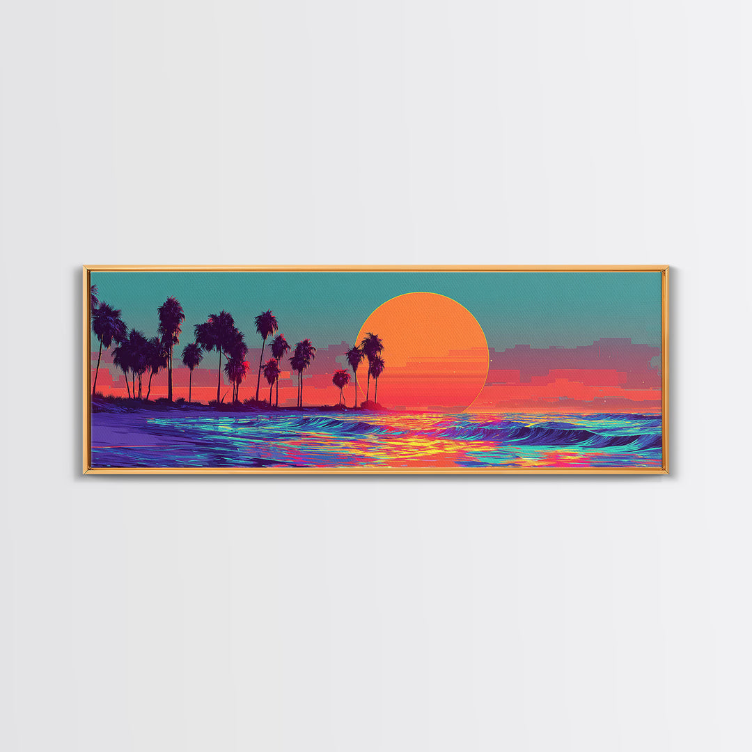 Neon Tropical Sunset Ocean Palms Canvas Print, Retro Vaporwave Wall Art, Coastal Decor, Beach House, Living Room Decor, Art Print