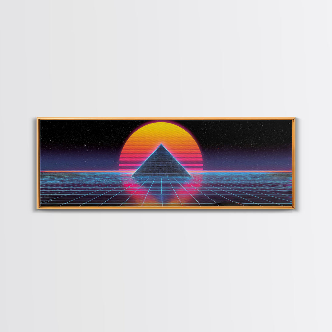 Neon Pyramid Grid Wall Art, Retro Futuristic Space Canvas Print, Synthwave Gaming Room Decor, Vaporwave Statement Art Gift