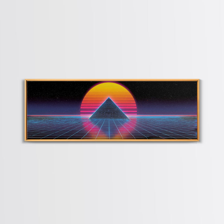 Neon Pyramid Grid Wall Art, Retro Futuristic Space Canvas Print, Synthwave Gaming Room Decor, Vaporwave Statement Art Gift